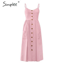 Load image into Gallery viewer, Simplee Elegant striped women summer plus size dress Buttons strap cotton midi dress Casual female ladies beach vestidos 2019