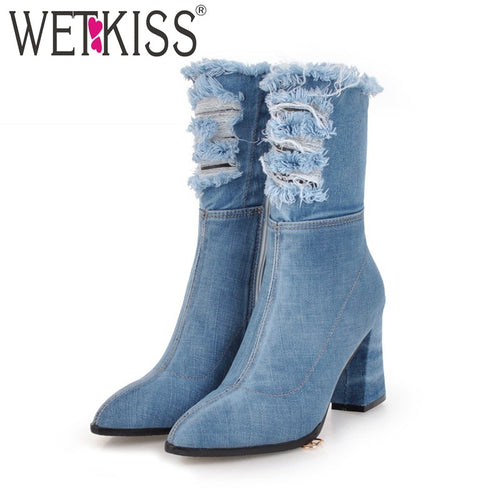 WETKISS Denim Thick High Heels Women Boots Holed Ankle Boot 2019 New Fashion Pointed Toe Lady Shoes Ripped Summer Footwear