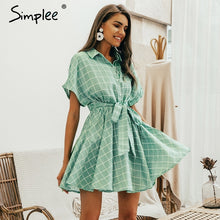 Load image into Gallery viewer, Simplee Elegant plaid sashes women dress Short sleeve A-line casual streetwear female short dress Button summer dress 2019