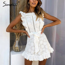 Load image into Gallery viewer, Simplee Elegant embroidery lace women dress Hollow out sashes ruffle white summer dress Slim sexy party lady dress vestidos 2019