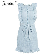 Load image into Gallery viewer, Simplee Elegant embroidery lace women dress Hollow out sashes ruffle white summer dress Slim sexy party lady dress vestidos 2019