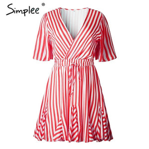 Simplee Vintage striped women dress V neck ruffle cotton short summer dress plus size Sexy casual lady female vestido festa 2019