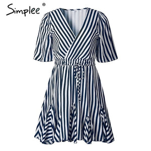 Simplee Vintage striped women dress V neck ruffle cotton short summer dress plus size Sexy casual lady female vestido festa 2019