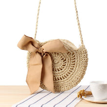 Load image into Gallery viewer, Women Round Shoulder Straw Small  Bag Bow Handmade Crossbody Bags Ladies Straw Shoulder Bag Leather Strap Summer Beach