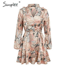 Load image into Gallery viewer, Simplee Elegant floral print women short shirt dress V neck long sleeve ruffle satin vestidos Spring casual plus size sundress