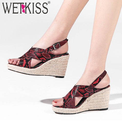 WETKISS Snake Sandals Women Open Toe Footwear Wedges Sheepskin High Heel Sandals Female Straw Weave Platform Shoes Woman Summer