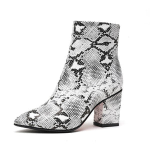 WETKISS Print Snakeskin Booties Women Ankle Boots Zip Pointed Toe Footwear Thick High Heels Female Boot Women 2019 New Autumn