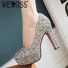 Load image into Gallery viewer, WETKISS Sequined Women Pumps Round Toe Footwear Shallow High Heels Female Bling Shoes Wedding Platform Shoes Woman 2019 Spring