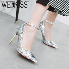 Load image into Gallery viewer, WETKISS Sequined Cloth Pumps Women Pointed Toe Footwear High Heels Bling Shoes Female Ankle Strap Shoes Woman 2019 New Spring