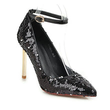 Load image into Gallery viewer, WETKISS Sequined Cloth Pumps Women Pointed Toe Footwear High Heels Bling Shoes Female Ankle Strap Shoes Woman 2019 New Spring