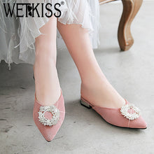 Load image into Gallery viewer, WETKISS Flock Low Heels Slippers Women Pointed Toe Footwear Crystal Buckle Slides Shoes Female Mules Shoes Woman Plus Size 48