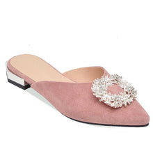 Load image into Gallery viewer, WETKISS Flock Low Heels Slippers Women Pointed Toe Footwear Crystal Buckle Slides Shoes Female Mules Shoes Woman Plus Size 48