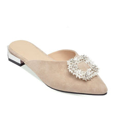 Load image into Gallery viewer, WETKISS Flock Low Heels Slippers Women Pointed Toe Footwear Crystal Buckle Slides Shoes Female Mules Shoes Woman Plus Size 48