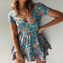 Load image into Gallery viewer, Oufisun Women's Summer Boho Floral Print Dress Sexy V Neck Short Sleeve Beach Dresses Casual Button Party Mini Dress Vestidos