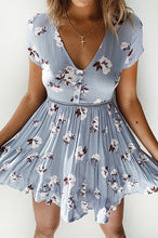 Load image into Gallery viewer, Oufisun Women's Summer Boho Floral Print Dress Sexy V Neck Short Sleeve Beach Dresses Casual Button Party Mini Dress Vestidos