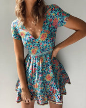 Load image into Gallery viewer, Oufisun Women's Summer Boho Floral Print Dress Sexy V Neck Short Sleeve Beach Dresses Casual Button Party Mini Dress Vestidos