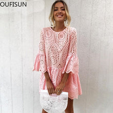 Load image into Gallery viewer, Oufisun 2019 Sexy Hollow Out Short Sleeve Party Dress Causal Women Lace Embroidery Dress Ruffle Sleeve Solid Cotton Mini Dresses