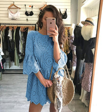 Load image into Gallery viewer, Oufisun 2019 Sexy Hollow Out Short Sleeve Party Dress Causal Women Lace Embroidery Dress Ruffle Sleeve Solid Cotton Mini Dresses