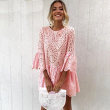 Load image into Gallery viewer, Oufisun 2019 Sexy Hollow Out Short Sleeve Party Dress Causal Women Lace Embroidery Dress Ruffle Sleeve Solid Cotton Mini Dresses