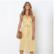 Load image into Gallery viewer, Oufisun Women's  Beach Summer Dress Sxey Sleeveless V-neck  Botton Striped Long Dresss Casual Sashes Female Dresses vintage New
