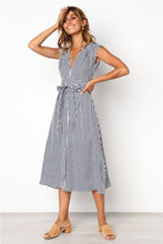 Load image into Gallery viewer, Oufisun Women's  Beach Summer Dress Sxey Sleeveless V-neck  Botton Striped Long Dresss Casual Sashes Female Dresses vintage New