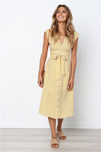 Load image into Gallery viewer, Oufisun Women's  Beach Summer Dress Sxey Sleeveless V-neck  Botton Striped Long Dresss Casual Sashes Female Dresses vintage New