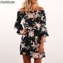 Load image into Gallery viewer, Oufisun Women Floral Print Party Dress Sexy Off Shoulder Sashes Mini Boho Beach Dresses Flare Sleeve Plus Large Size Short Dress