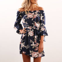 Load image into Gallery viewer, Oufisun Women Floral Print Party Dress Sexy Off Shoulder Sashes Mini Boho Beach Dresses Flare Sleeve Plus Large Size Short Dress
