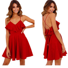 Load image into Gallery viewer, Oufisun Summer Sexy Dress Women's Backless Cross Drwstring Ruffles Bundle Waist V-neck Strapless Mini  Dresses Summer  Vintage