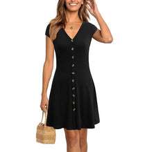 Load image into Gallery viewer, Berydress Elegant V Neck Cap Sleeves Button Down Womens Green Sundress Light Blue Skater Dress Summer Beach Little Black Dresses