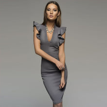 Load image into Gallery viewer, Summer Popular Sleeveless Ruffle Elegant Bodycon Women Dress 2019 New Gray Black Deep V-Neck Sexy Party Dress Nightclub Dress